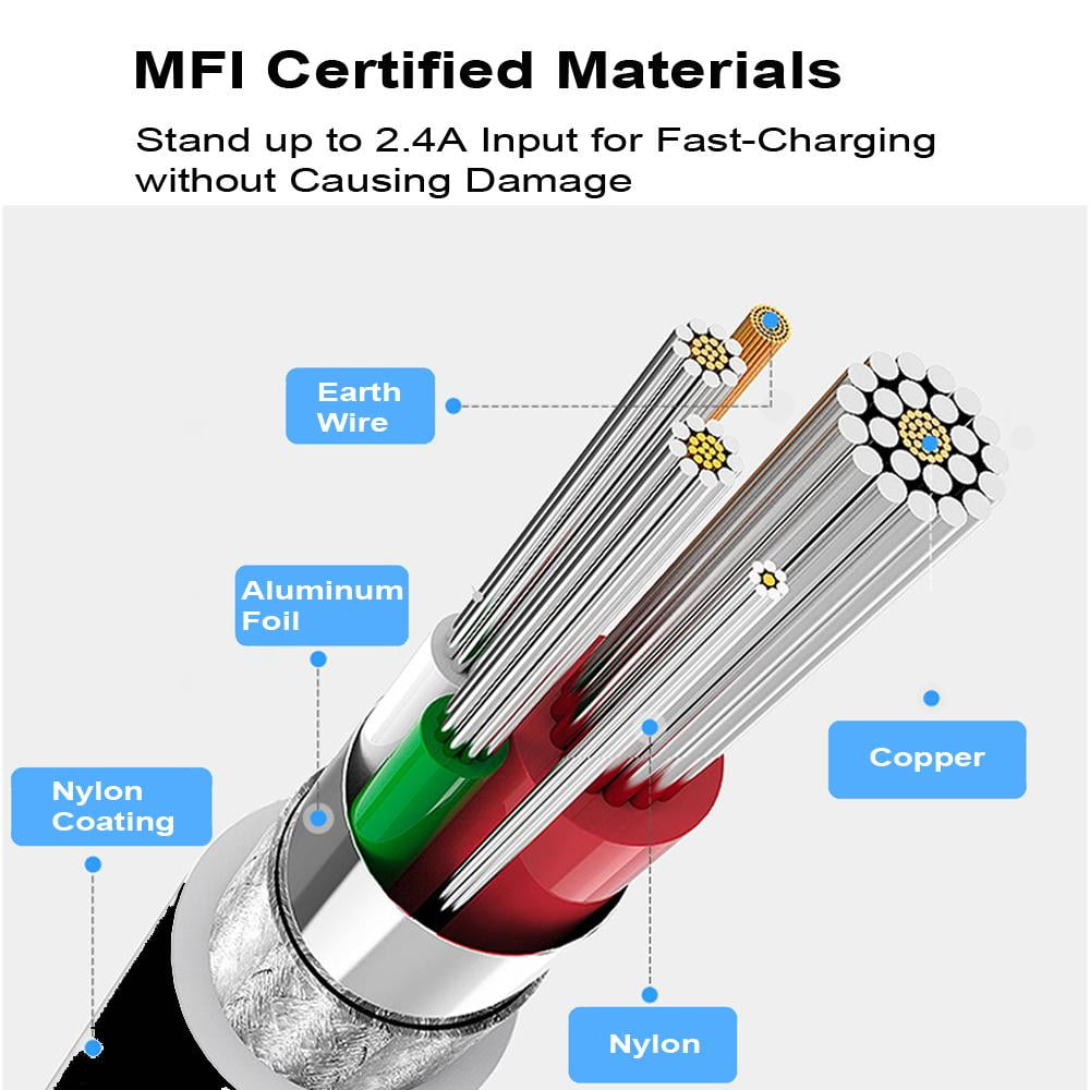 Clambo iPhone Chargers Apple MFi Certified 6.6' Feet Lightning to USB Charger Charging Cables Cords for iPhones - Black
