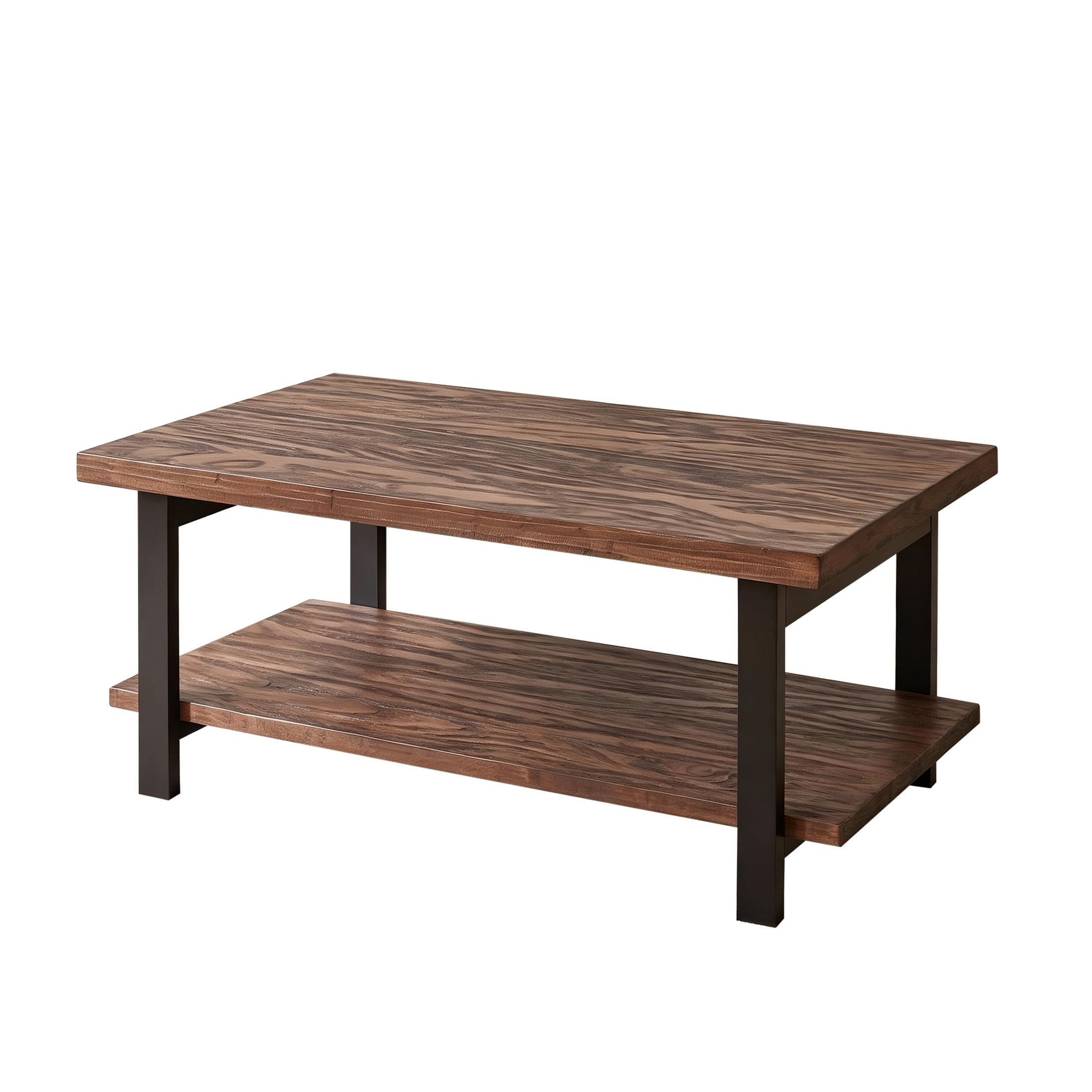 Noble House Caldon Rustic Rectangle Coffee Table with Solid Distressed Pine Top & 2-Tier Storage, Walnut & Black