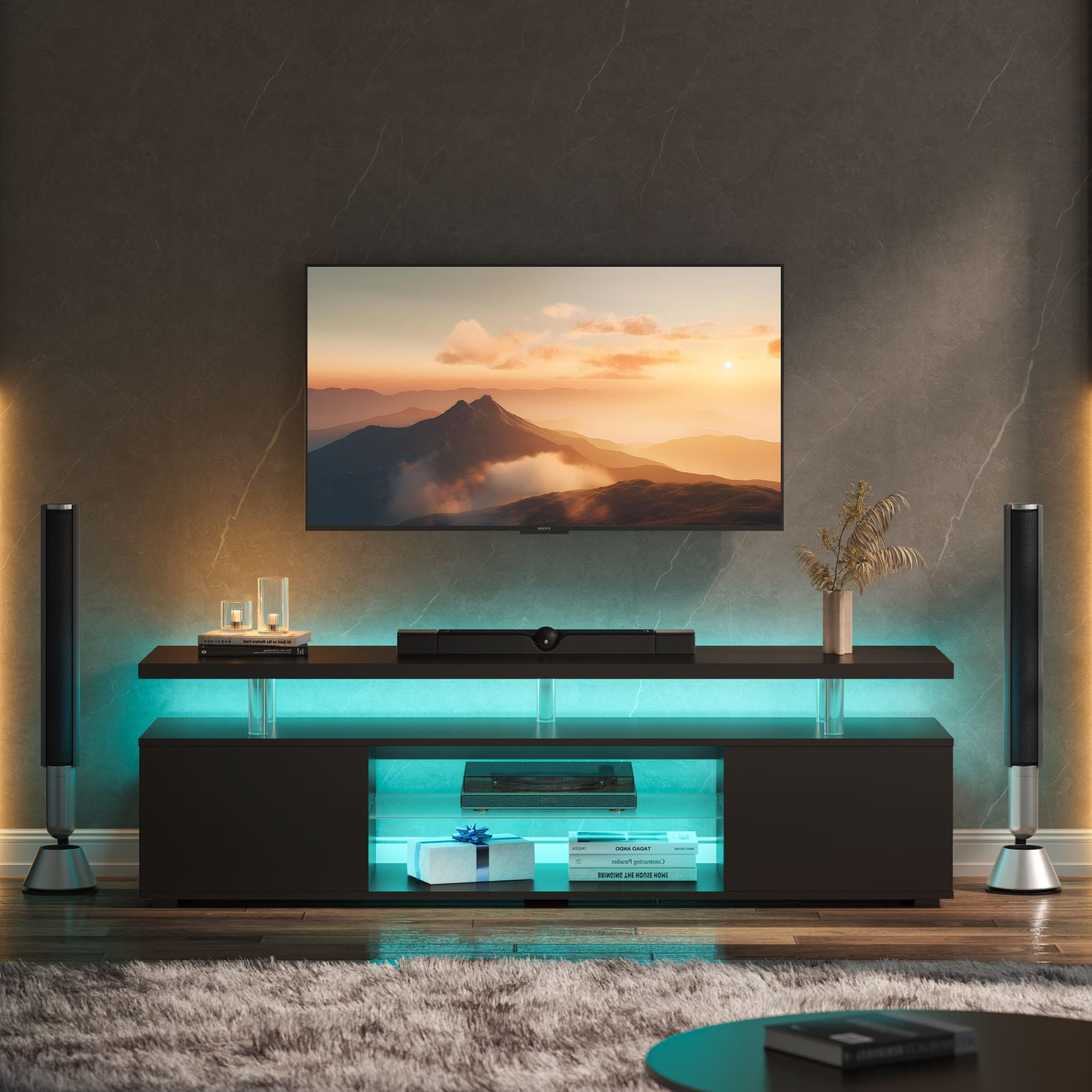 Cubehom LED TV Stand Entertainment Center with Storage Wood Gaming TV for 70 inch TV for Adults Living Room Black