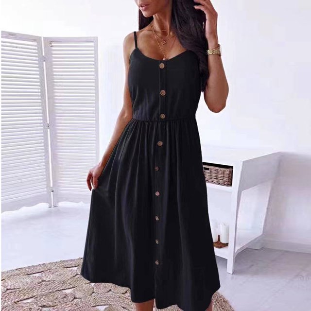 CEHVOM Robe Mi-Mollet Sans Manches Décontractée Mode Femme Col Rond Couleur Unie Boutons