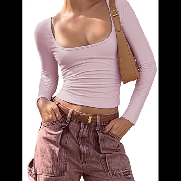 Camisas de Larga para Mujer, Tops Cortos, Moda de Otoño 2025, Cuello Cuadrado, Camisetas Básicas para Salir, Ropa Y2K Rosa L