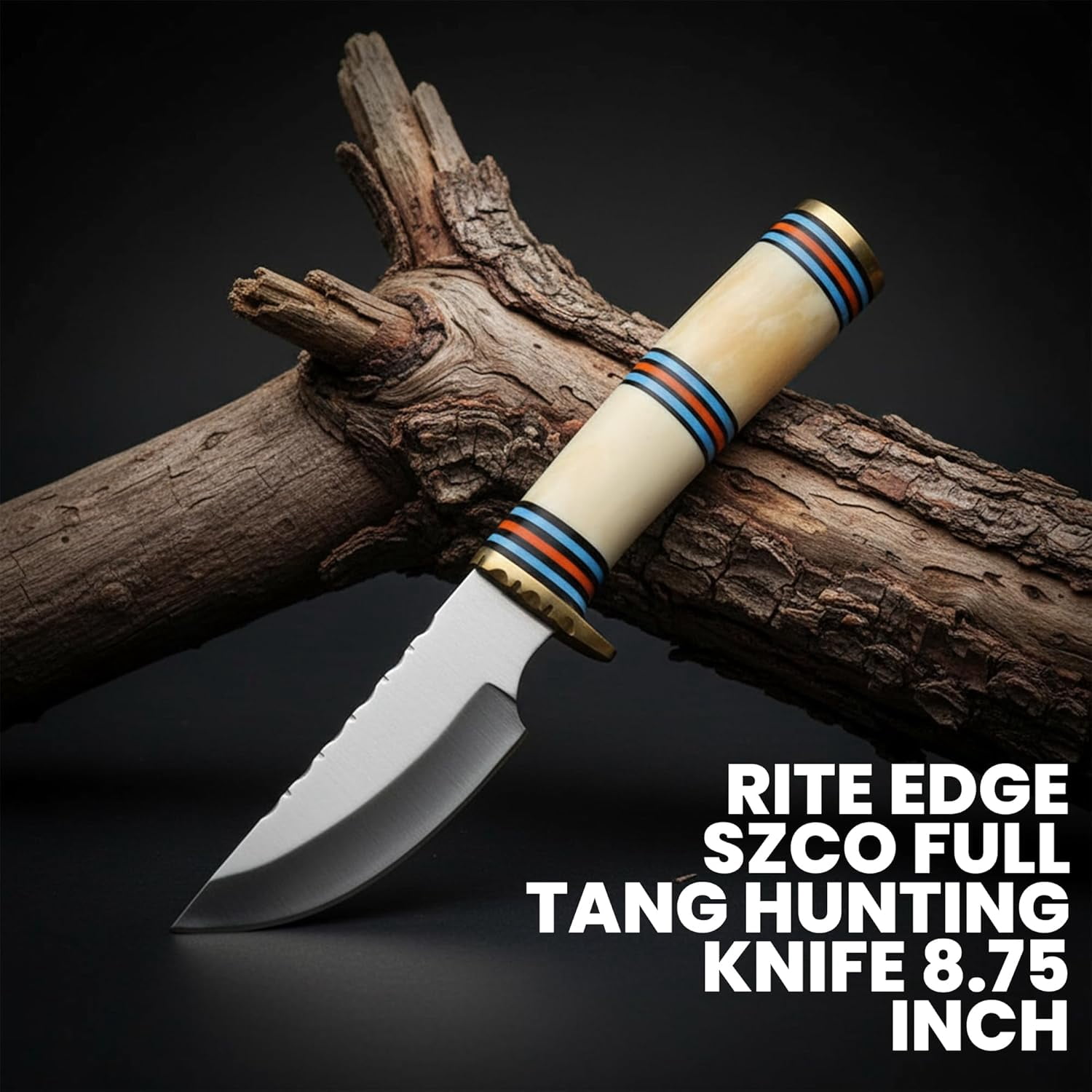 Rite Edge 8.75 Inch Fixed Blade Hunting Knife With Bone Handle Stainless Steel Blade Filework Brass Guard Leather Sheath Outdoor Knife