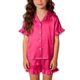 thumbnail image 4 of Mifsaly Kids Girls Pajama Set 3 Piece Soild Color Silk Satin Pjs Matching Outfits Button Down Sleep Shirts with Ruffle Trim Shorts and Fit Lounge Pants, 4 of 8