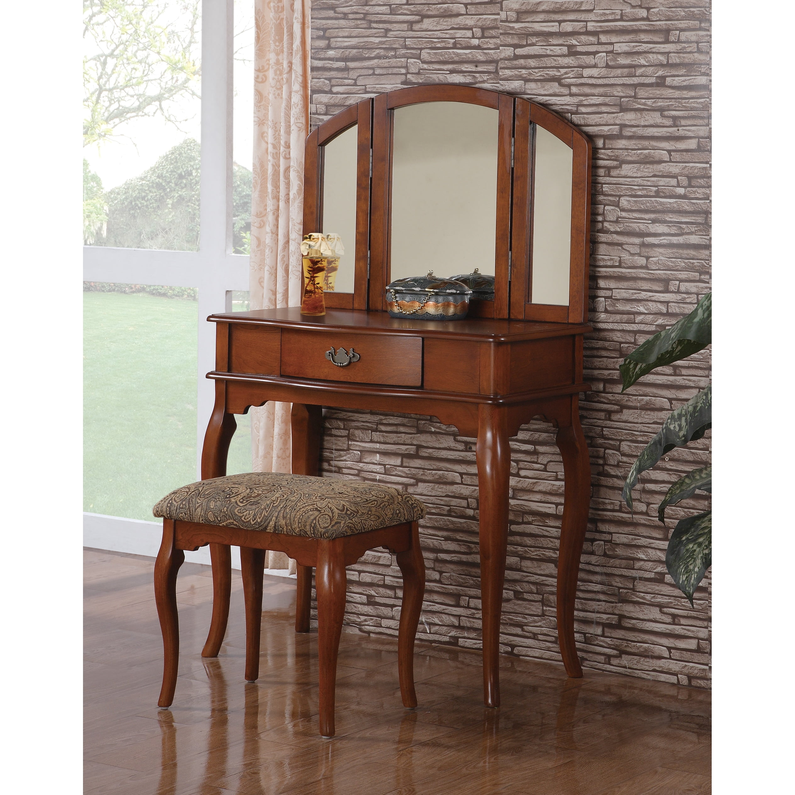 Bobkona Jaden 3 Fold Mirror Vanity Table With Stool Set In Cherry Walmart Com Walmart Com