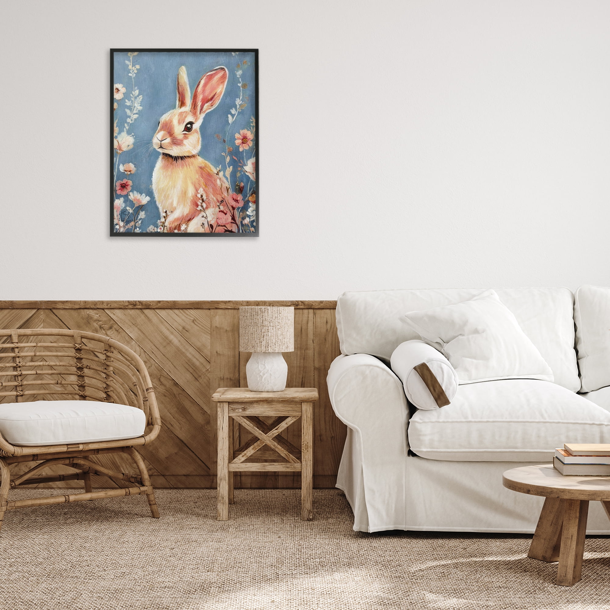 Stupell Industries Whimsical Rabbit on Blue Black Framed Giclee Art, design by Sara Culpepper