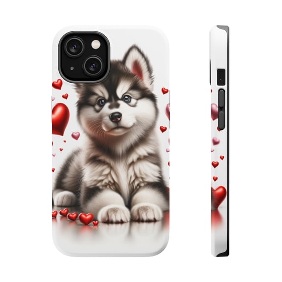 DistinctInk Tough Case for Apple iPhone 14 PLUS (6.7" Screen), Compatible with MagSafe Charging - Valentine's Day Siberian Huskie Puppy