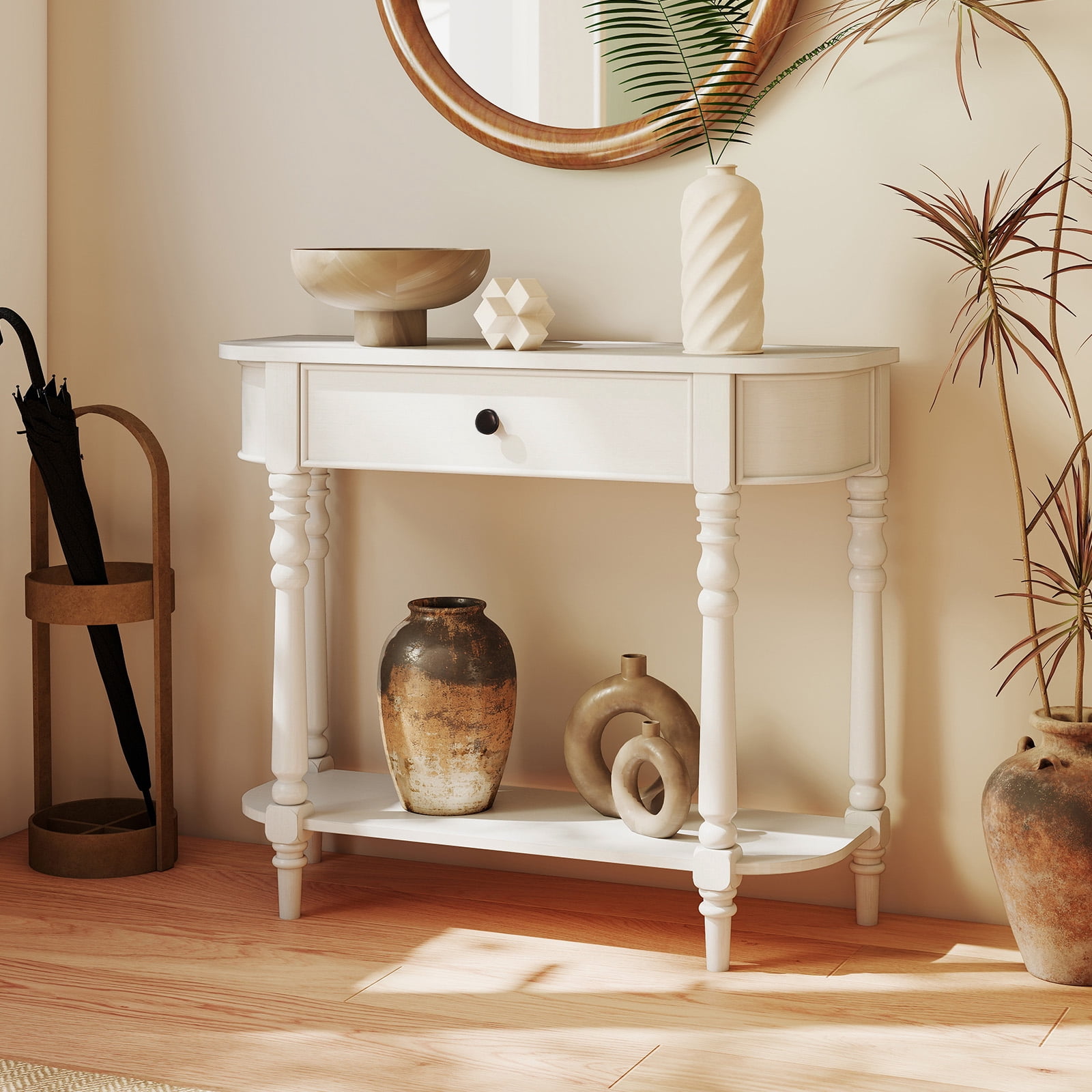 Gymax Retro Console Table 36''L Wooden Entryway Table w/ Storage Drawer & Open Shelf White