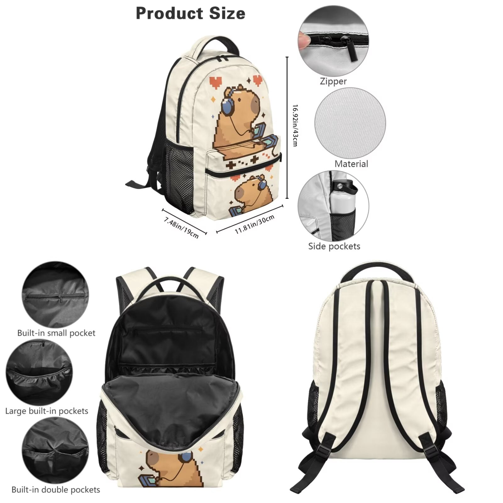 Pzuqiu Art Capybara Girls Backpack with Lunch Box Water Bottle Bag Kawaii Backpacks for School Girls with Adjustable Shoulder Strap, 5 pcs Kawaii Large Capacity Student Bag