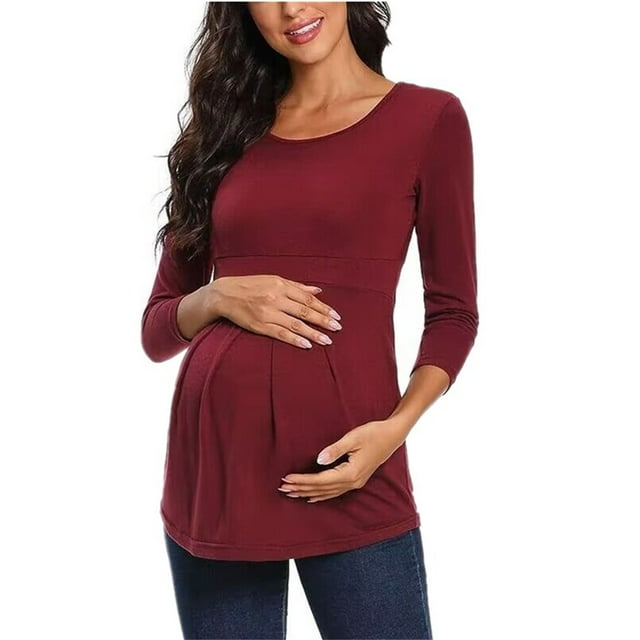 QIPOPIQ Hauts de Maternité pour Femmes à Manches Longues, Col Ras du Cou, Blouse Ample d'Automne, Froncée, Style Babydoll, Chandails de Grossesse, Liquidation