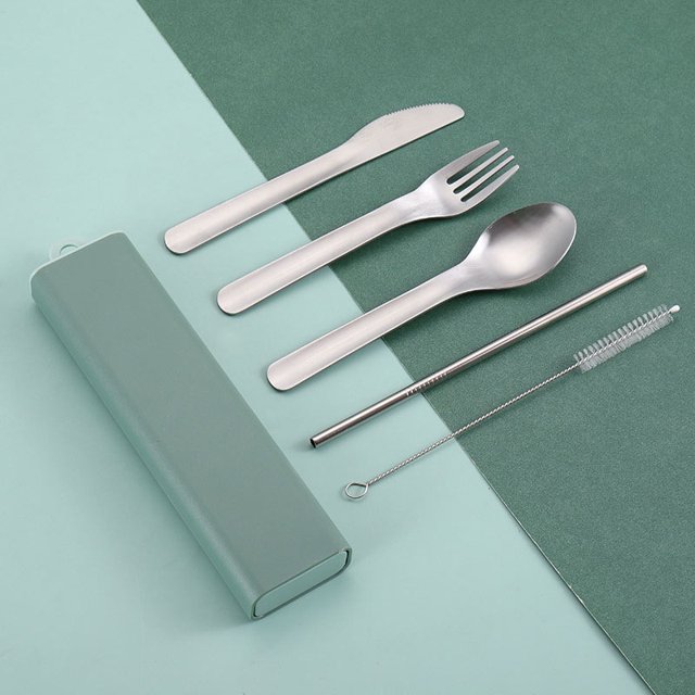 Stainless Steel Knife Fork Spoon Straw Brush Set Portable Cutlery Multi-function Flatware Outdoor Picnic Utensil Kit