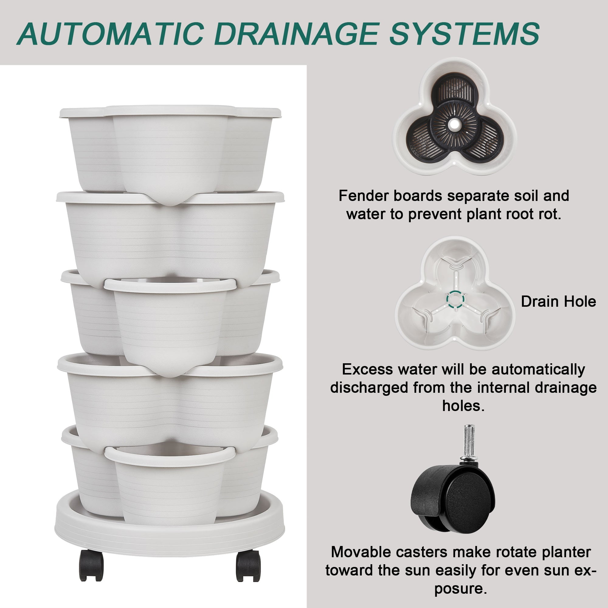 VECELO Stackable Planters 5 Tier Vertical Gardening Planter, Stackable Garden Tower Indoor Outdoor Pot For Strawberries, Flowers, Herbs, Vegetables With Removable Wheels, Gray