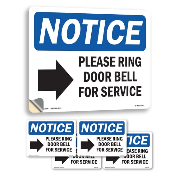 Please Ring Door Bell For Service With Symbol OSHA Notice Vinyl Decal Label 7 Inch x 5 Inch - 5 Pack