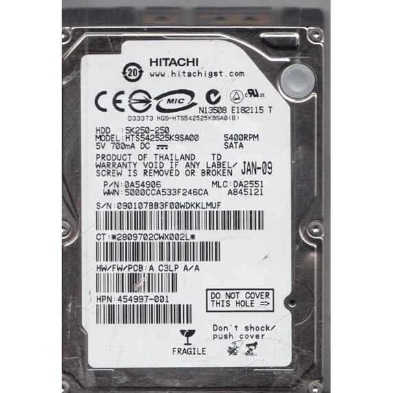 HTS542525K9SA00, PN 0A54906, MLC DA2551, Hitachi 250GB SATA 2.5 Hard Drive