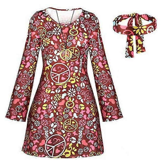 70s 80s Women Hippie Costume Set Disco Outfit Women Headband Necklace Earring Loose Dress