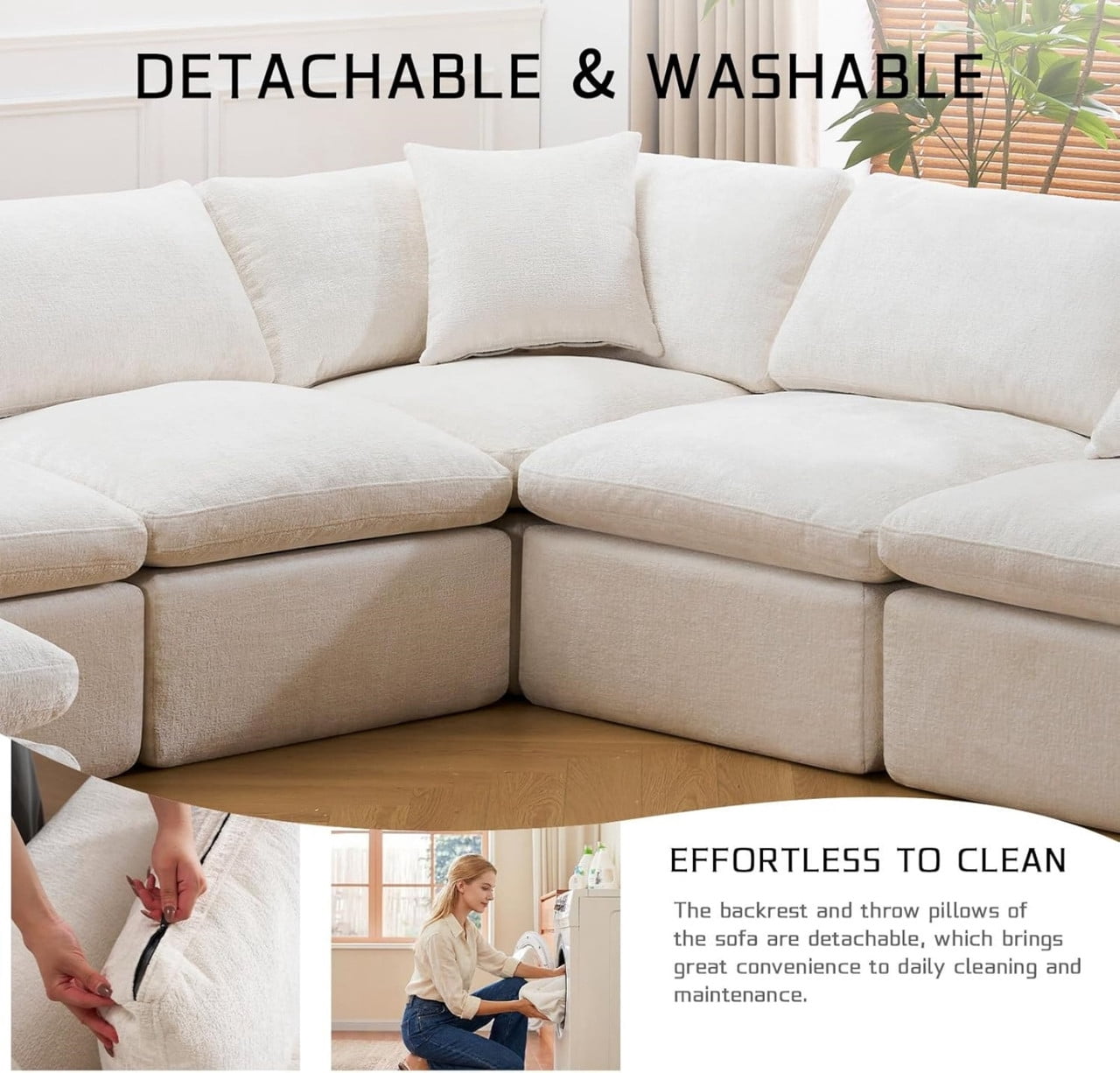 Oversized U-Shaped Sectional Sofa with Ottoman, 7-Seater Chenille Modular Sofa with Deep Seat, Cloud Sofa Boneless Couch for Living Room Apartment