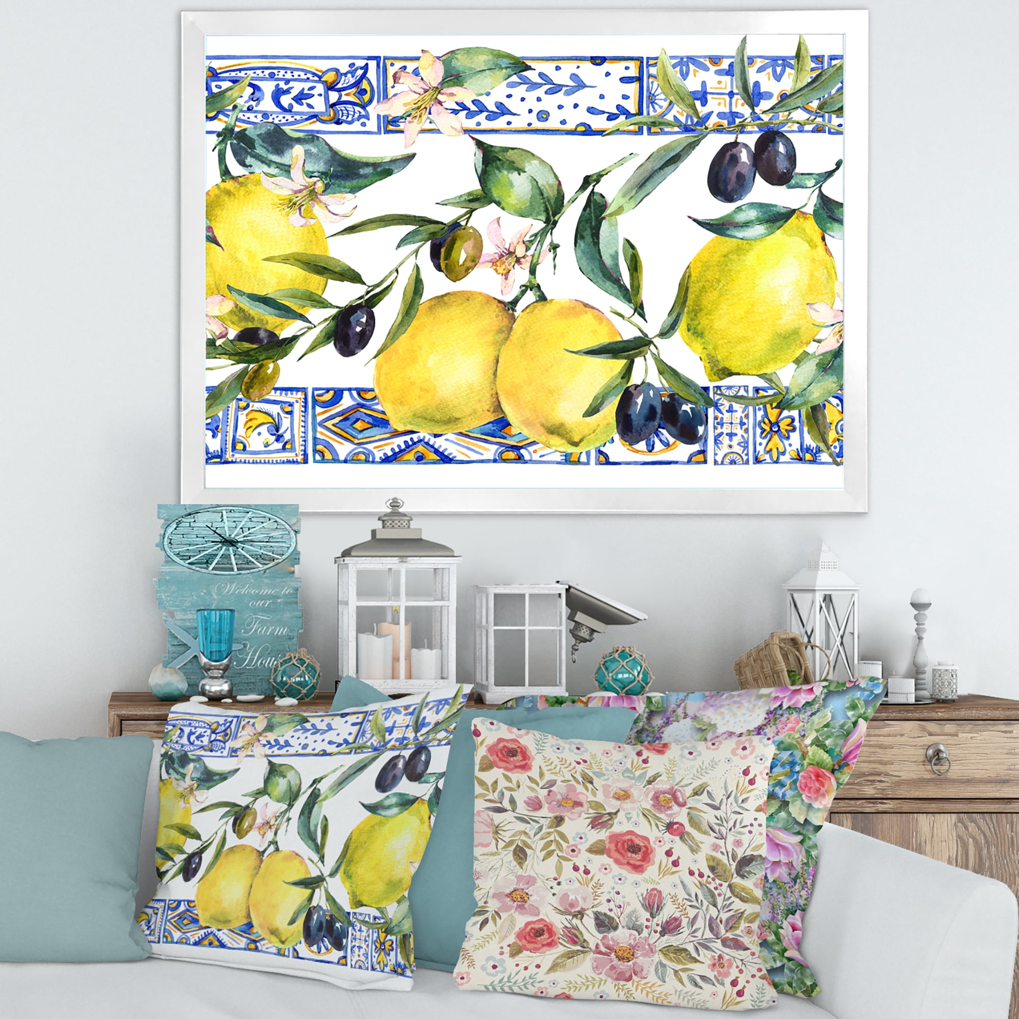 Designart 'Geometrical Pattern of Lemon Ornament On Blue II' Tropical Framed Art Print
