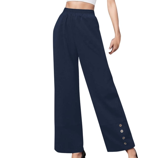 AherBiu High Waisted Pants for Women Straight Leg Bootcut Spring Casual Button Bottom Lounge Trousers