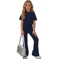 thumbnail image 5 of Teen Girls Solid Color Clothes 2 Piece Outfit Classic Short Sleeve Tee Basic Top Bell Bottom Pants Set Casual Flare Trouser Sweatsuit Activewear Suit, 5 of 7