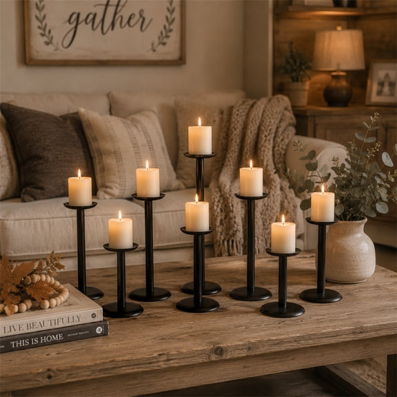 7 Pcs 2-in-1 Black Metal Candle Holder Set, Modern Farmhouse Candlestick Holders for Fireplace Mantel, Rustic Table Centerpiece Home Decor