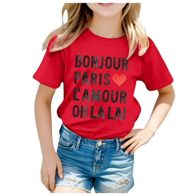 Chemises Fille Enfant Imprimé Décontracté Manches Courtes T-Shirt Mode Loisirs Haut Filles Hauts Rouge 6 Ans-7 Ans