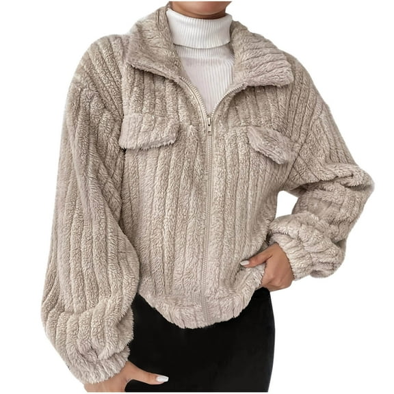 HTNBO Women's Fuzzy Fleece Jacket Casual Plaid Button Down Teddy Jacket Long Plush Chunky Cropped Winter Coat Outerwear
