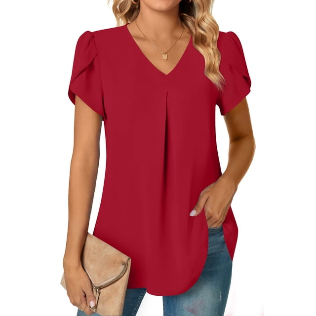 Camisa de manga corta con cuello en V para mujer, blusa elegante de gasa de verano para mujer, blusa plisada básica para mujer, camiseta holgada informal para mujer, resultados impresionantes