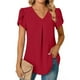 thumbnail image 1 of Blusas de gasa elegantes de verano para mujer, cuello en V, manga corta de pétalo, camisetas básicas plisadas informales, rojo S, 1 of 3