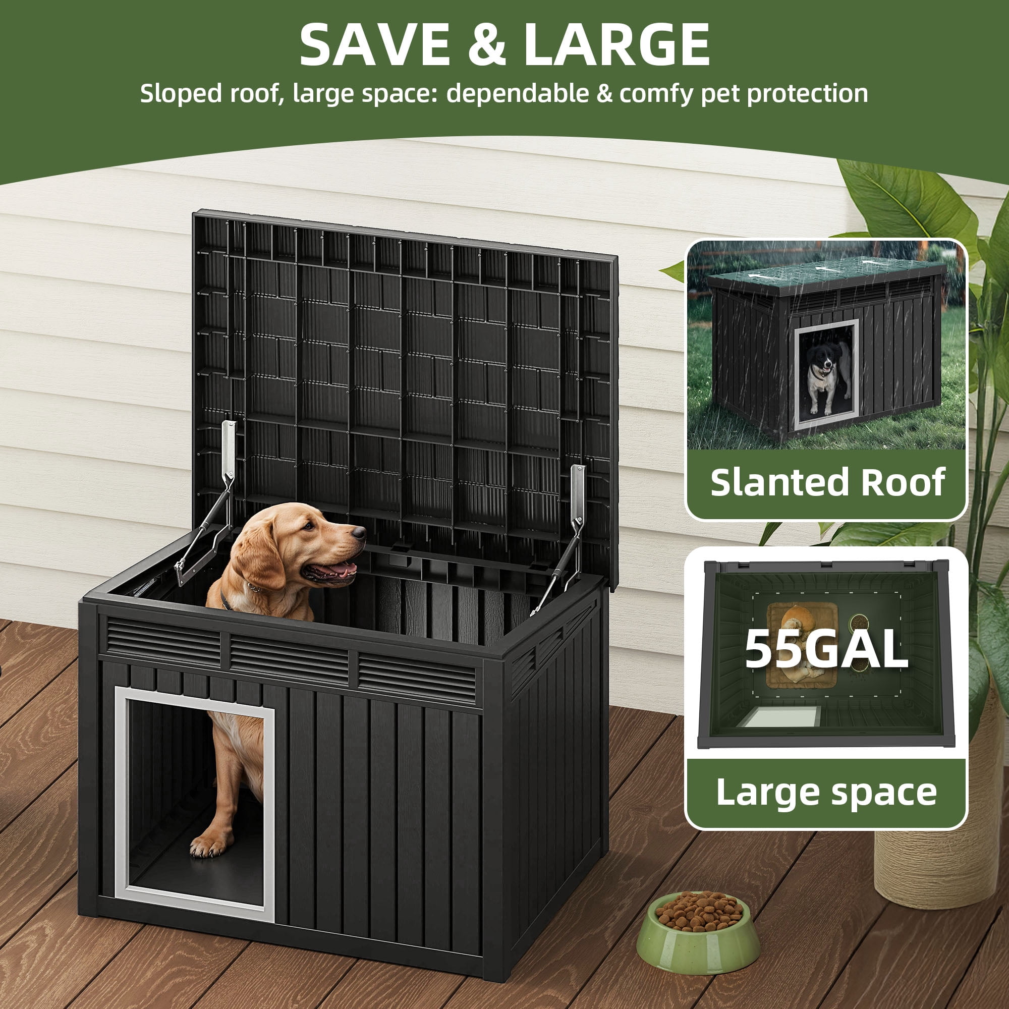 Uforic 32" Plastic Dog House, Outdoor Indoor Dog Kennel with Liftable Roof & Good Ventilation for Medium Dogs,Black