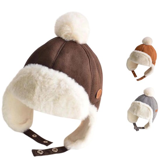 Oiyii Infant Boy's Warm Bomber Hats Pom‑Pom‑Trimmed Beanies Cozy Winter Hat, Brown