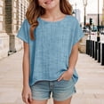 thumbnail image 2 of TIREOW Cotton Linen Tops for Girls Oversized Summer Boho Short Sleeve Shirts Teen Kids Plain Loose Lightweight Beach Blouse (Light Blue, 7-8 Years), 2 of 7
