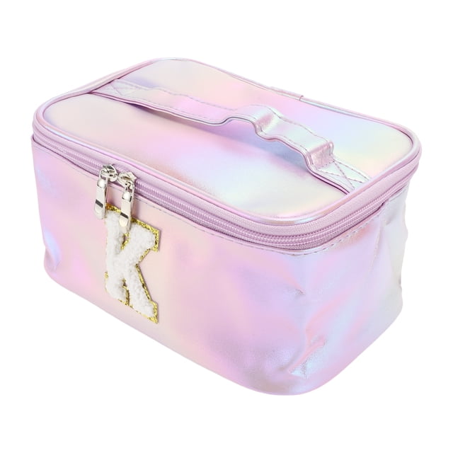 1 pc estuche de maquillaje de mujer con letra k para vacaciones y actividades al aire libre en color púrpura estuche rectangular de PU púrpura iridiscente, vista 3/4 con doble cremallera, asa superior acolchada y parche con letra K texturizada; ligero y portátil, apto para brochas, maquillaje, lápices y artículos de viaje.