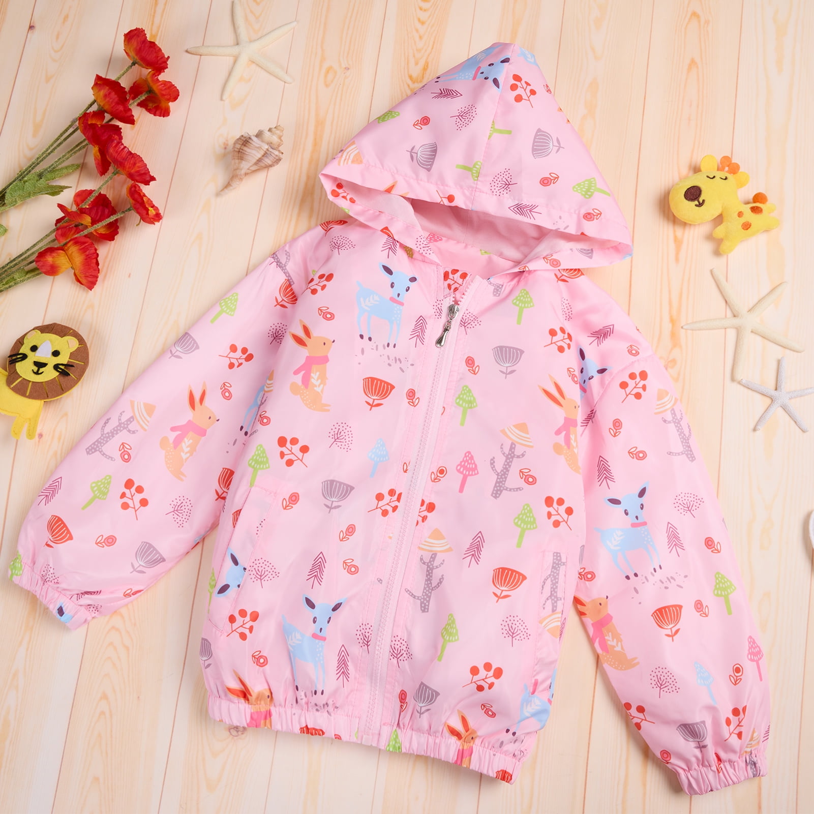 FYMNSI Toddler Girl Windbreaker Light Hooded Jacket Printed Zip Up Hoodie Spring Fall Rain Jackets Kids Clothes 2-3T