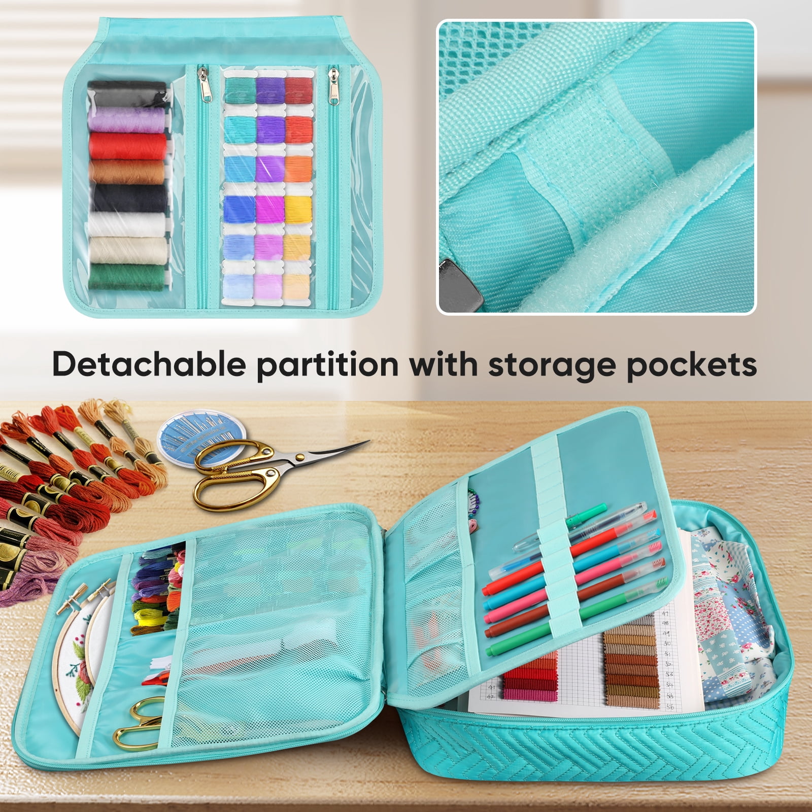 FINPAC Embroidery Bag, Cross Stitch Storage, Square Quilted Tote Organizer with Multiple Pockets for Floss, Hoops, Thread, Stitch Tools Kit [Bag Only], Green