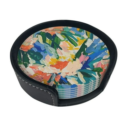 

Floral painting in watercolor Print Coaster Round Leather Coasters with Storage Box for Wine Mugs Cold Drinks and Cups Tabletop