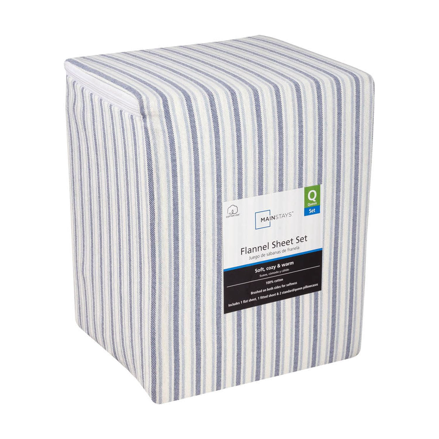 Mainstays 4-Piece Flannel Sheet Set, Blue Stripe, Queen