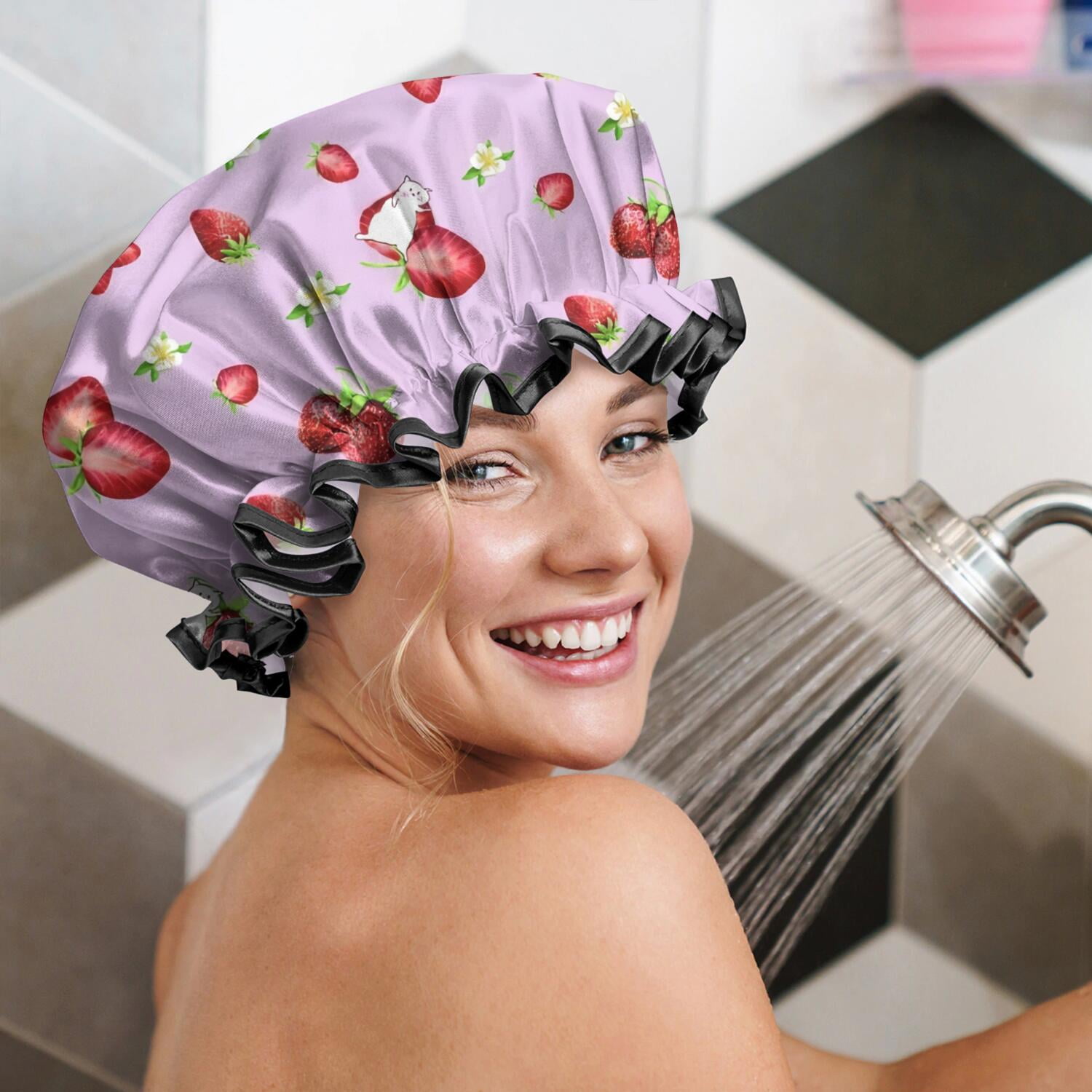 Shower Caps,Strawberry Plants Fruit Cat Flower Waterproof Shower Cap for Women 4 Pieces,Double Reusable Hair Cover for Shower PEVA Elastic Stretch Hem