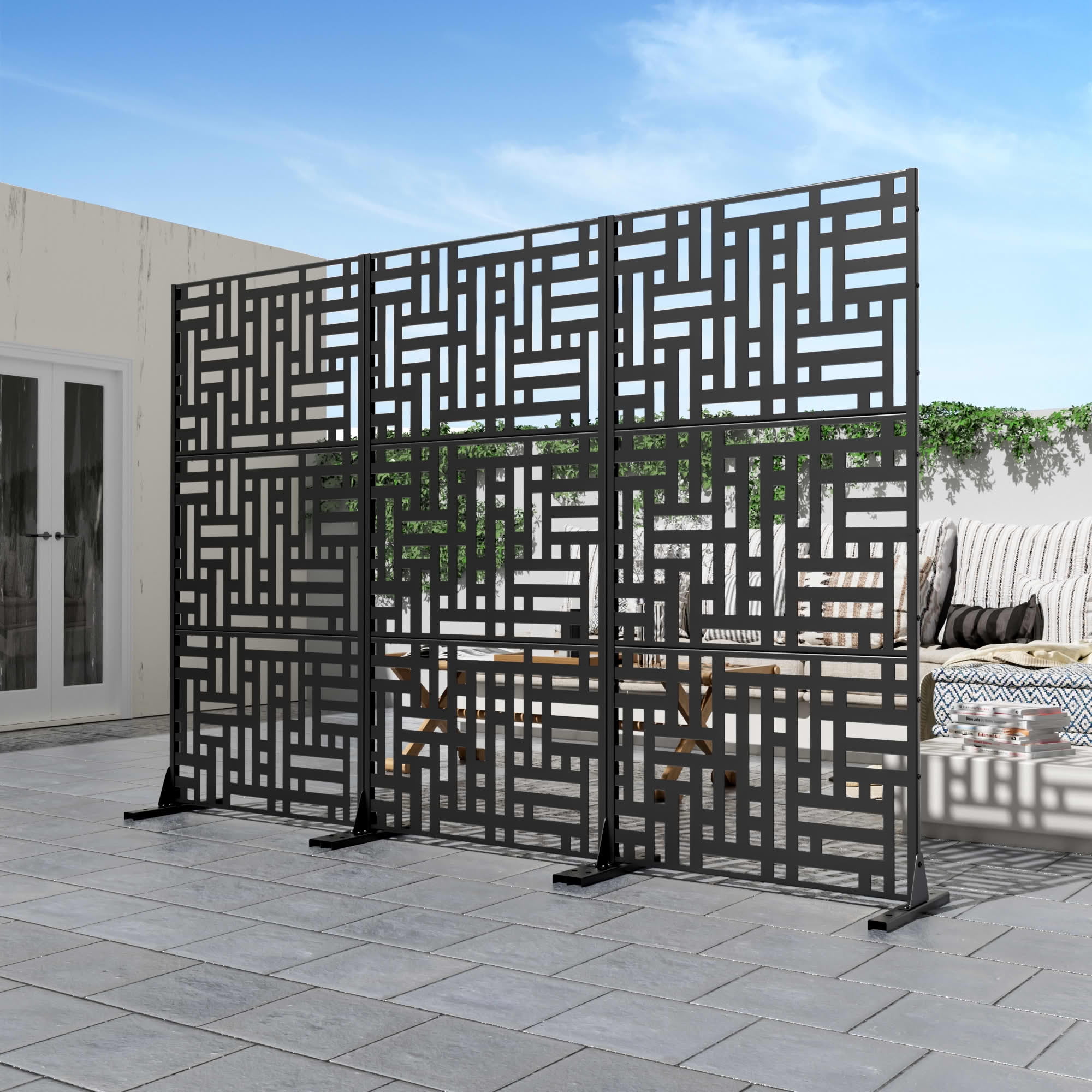 MAYEERTY 72"x35" Outdoor Privacy Fence, 3-Panel Black Geometric Street Pattern Galvanized Steel Panel, Freestanding for Backyard Garden