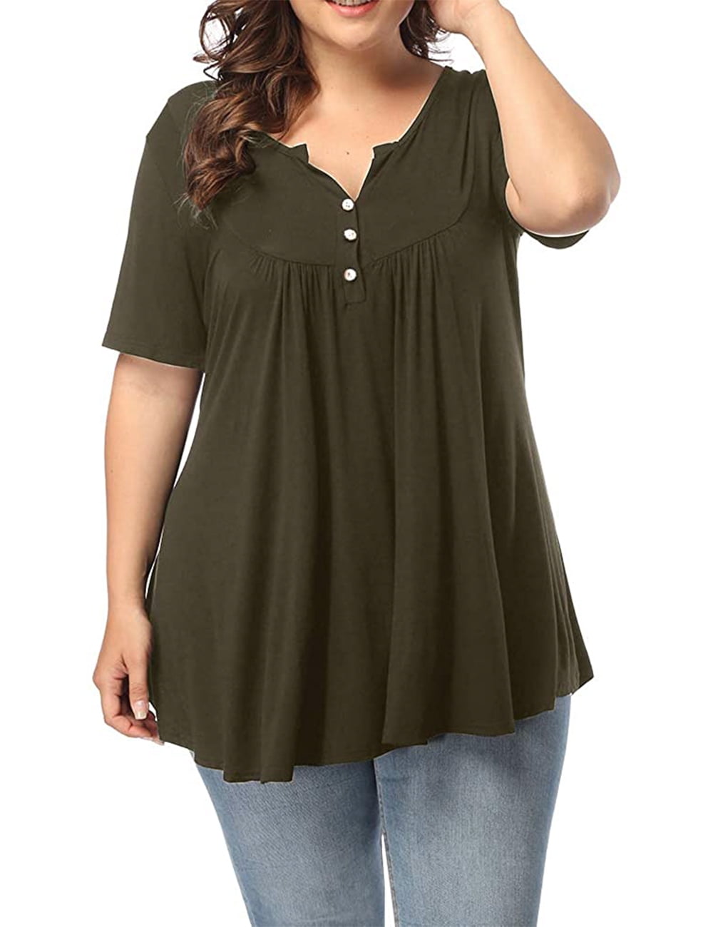 ALLEGRACE Women's Plus Size Henley V Neck Button Up Tunic Tops Casual Short Sleeve Ruffle Blouse Shirts