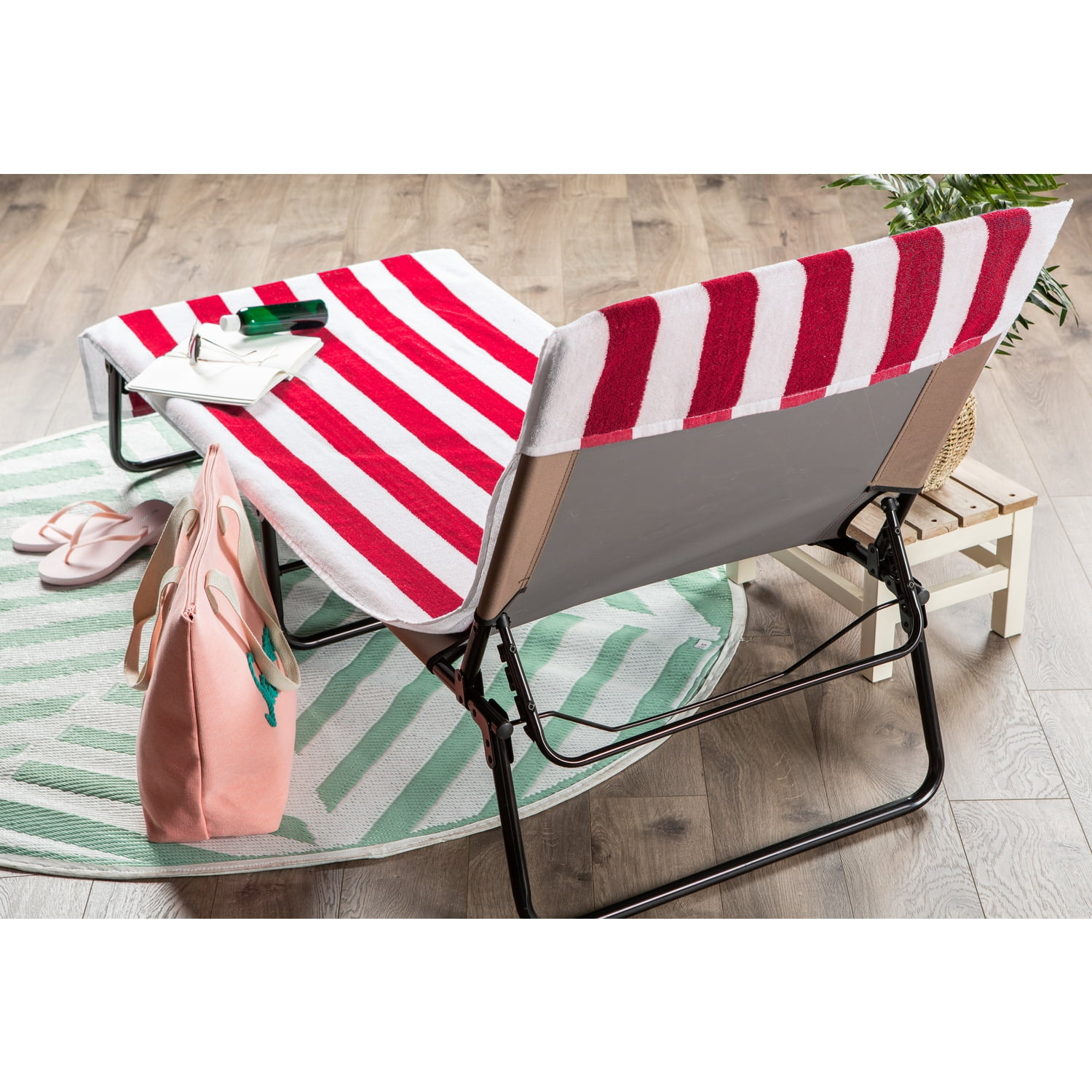 Red Stripe Lounge Chair Beach Towel With Top Fitted Pocket 26x82