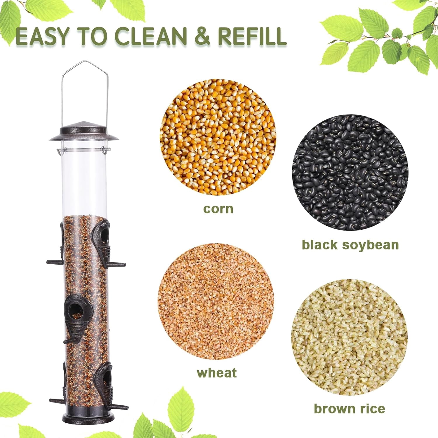 Metal Wild Bird Feeder Squirrel Proof Hanging Tube Feeder Transparent Finch Feeder with Steel Hanger (Coffee)