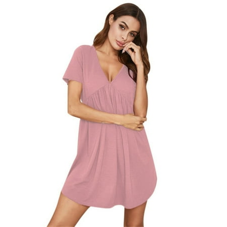 

Womens Nightgowns Sexy V Neck Sleepwear Short Sleeve Nightshirt Loose Pajama Dress Short Nightdress for Women Pink S=US6