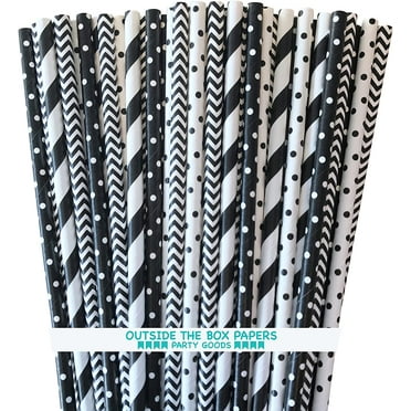 100 Black Chevron, Stripe and Polka Dot Paper Straws