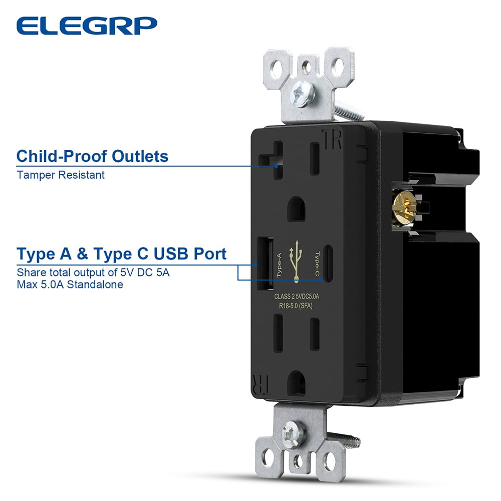 ELEGRP USB Outlets Receptacles, USB C Wall Outlet, 25W 5.0 Amp High Speed Charging USB Electrical Outlet, 15 Amp Tamper-Resistant Outlet with USB C Ports, UL Listed, Wall Plate Included