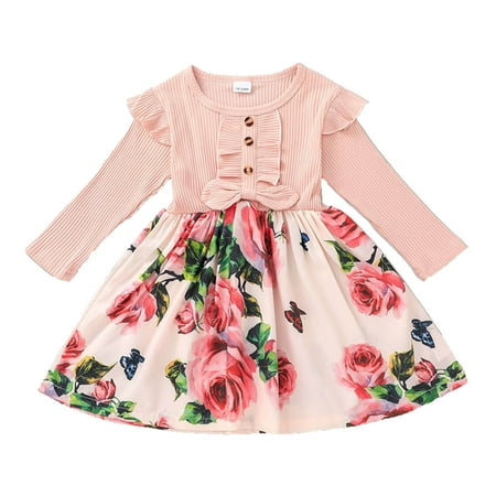 

Child Baby Girls Dress Floral Printed Long Sleeve O-Neck Crew Summer Bowknot Casual Beach Party Sundress Comfortable Cozy Dresses