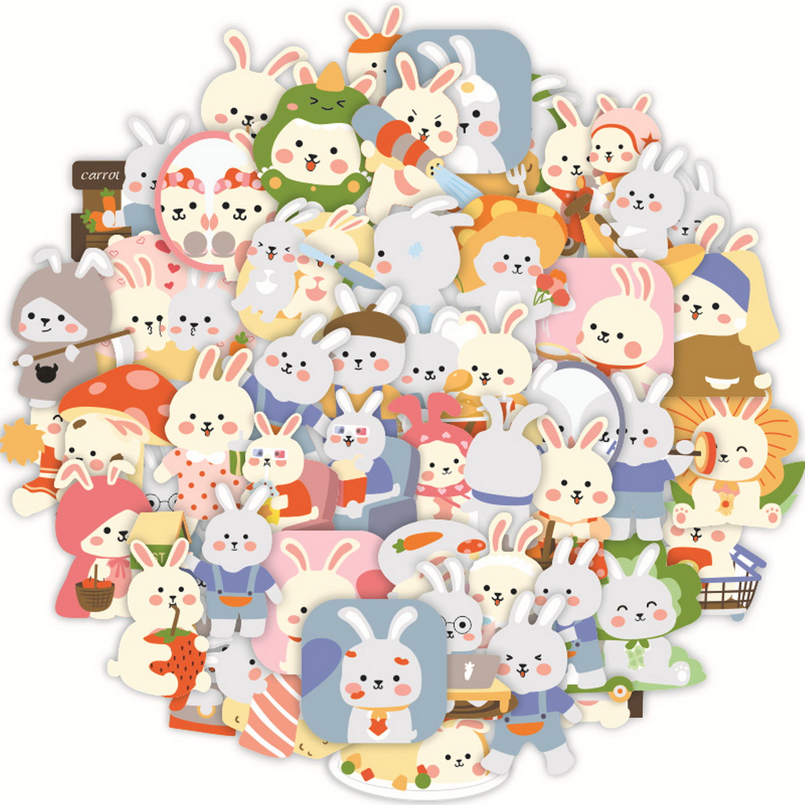 50Pcs/Set Waterproof Removable Self-Adhesive Kids Stickers Cute Little  White Rabbit Cartoon Stickers,Mixed Style