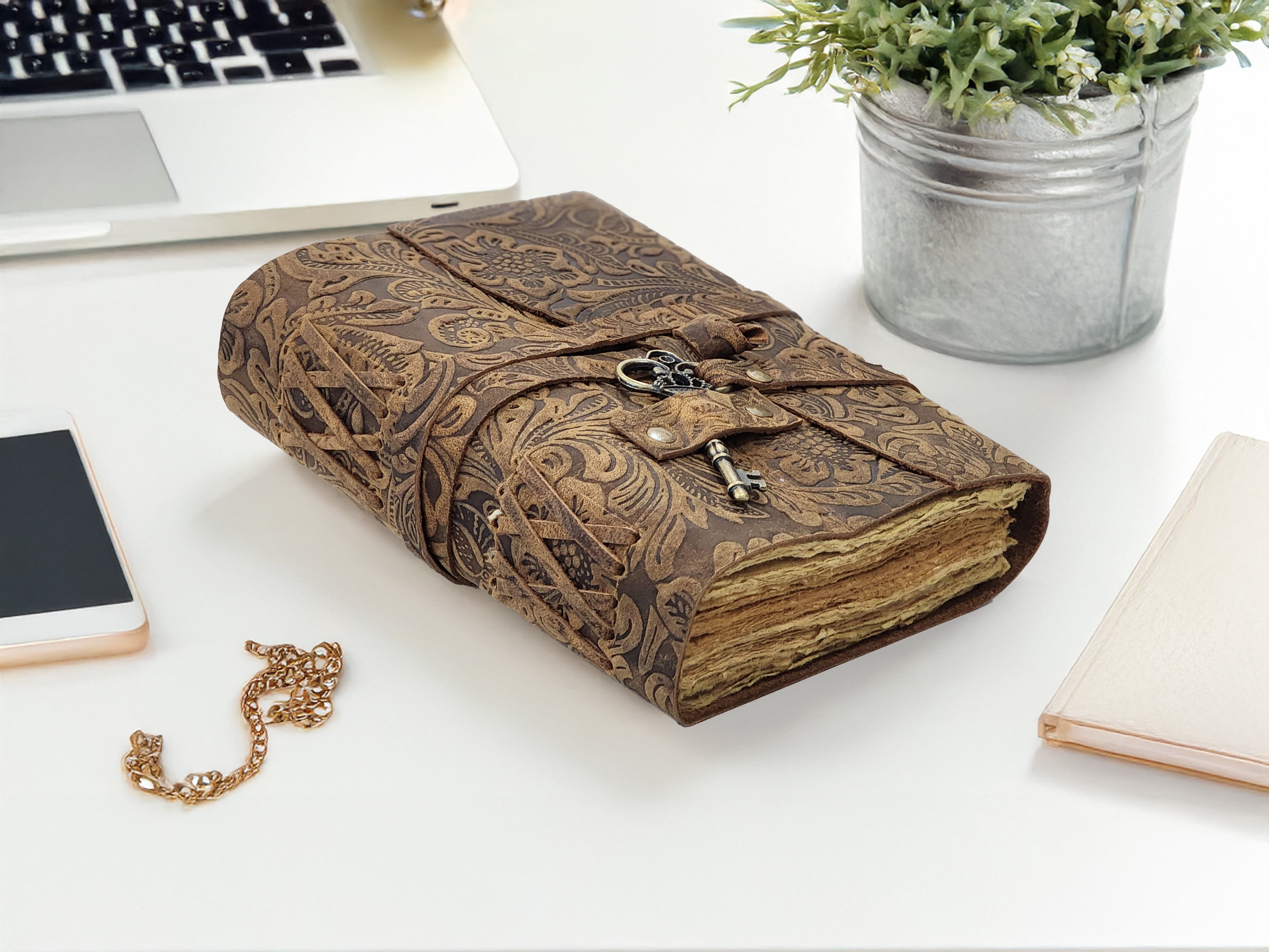 Quirky Craft Embossed Vintage Travel Journal -200 Vintage Deckle Edge Pages - 5 x 7 in, 200 Pages Sketchbook Leather Book of Shadows Leather Grimoire