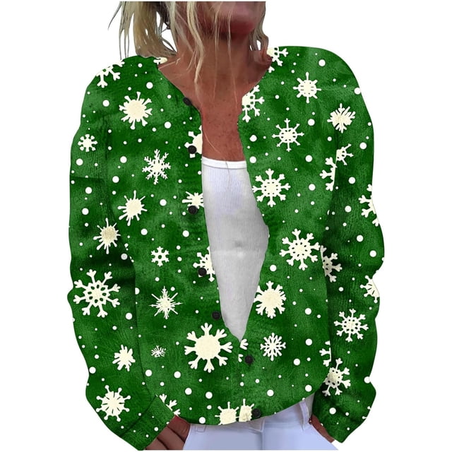 Christmas Plus Size Sweater for Women 2024 Cute Xmas Printed Cardigans Sweater Open Front Button Down Knit Jacket Coat