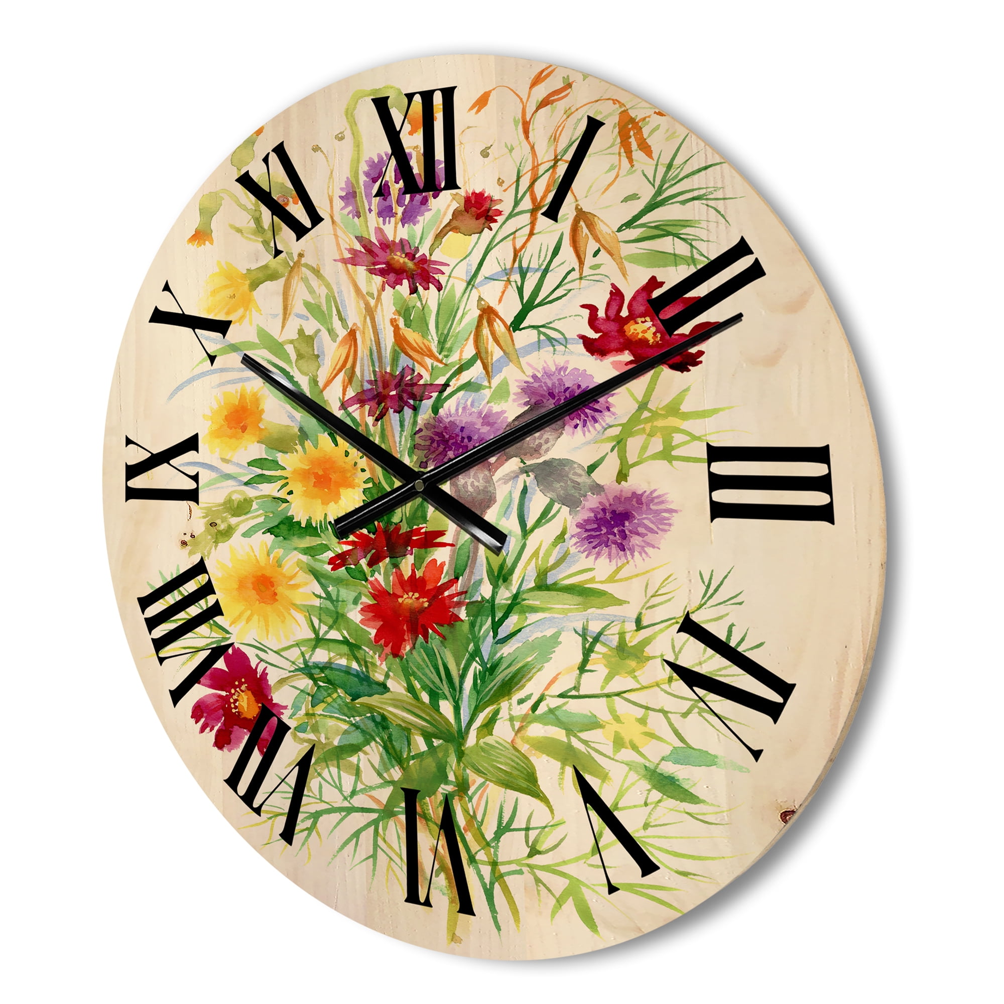 Designart 'Colorful Bouquet Of Wildflowers In Nature' Farmhouse Wood Wall Clock