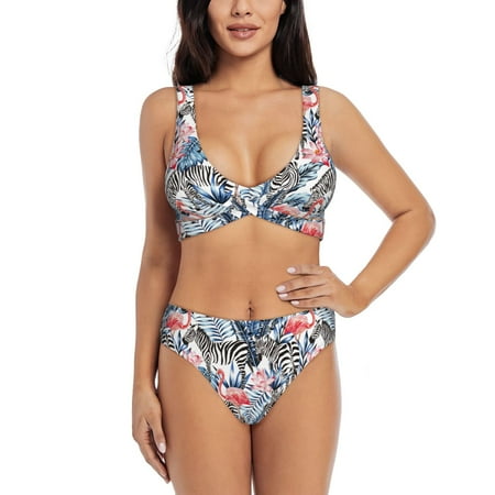 Zeuib Flamingo And Zebra High Waisted Tummy Control Bikini Set - Knot Front Push Up Top & Cheeky Thong Bottom  Two-Piece Swimsuit for Women-Large