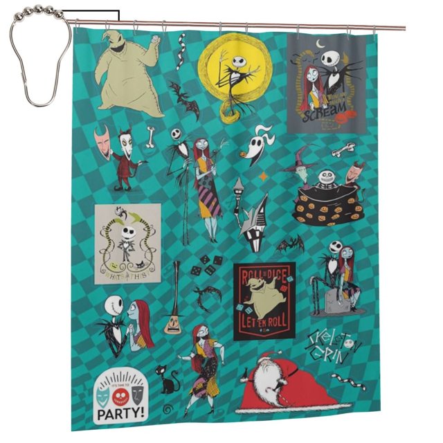 Cortina de ducha de pesadilla antes de Navidad, 60 x 72 pulgadas, decoración de fiesta con calavera de terror, juego de decoración para bañeras y baños con 12 ganchos
